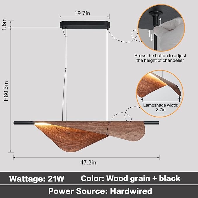 Walnut Pendant Lights 47.2In Dimmable Wood Grain Linear Chandeliers Over Table for Dining Room Kitchen Island