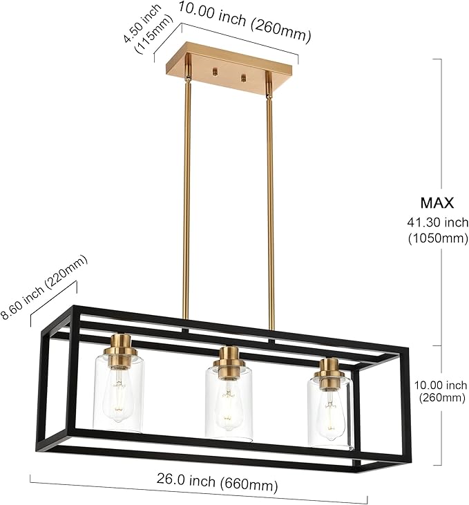 MELUCEE Dining Room Light, Island Lights for Kitchen Modern Chandeliers Rectangle Black 3 Lights, Linear Pendant Ceiling Lighting Fixture with Clear Glass Shade and Brass Socket, E26 Base