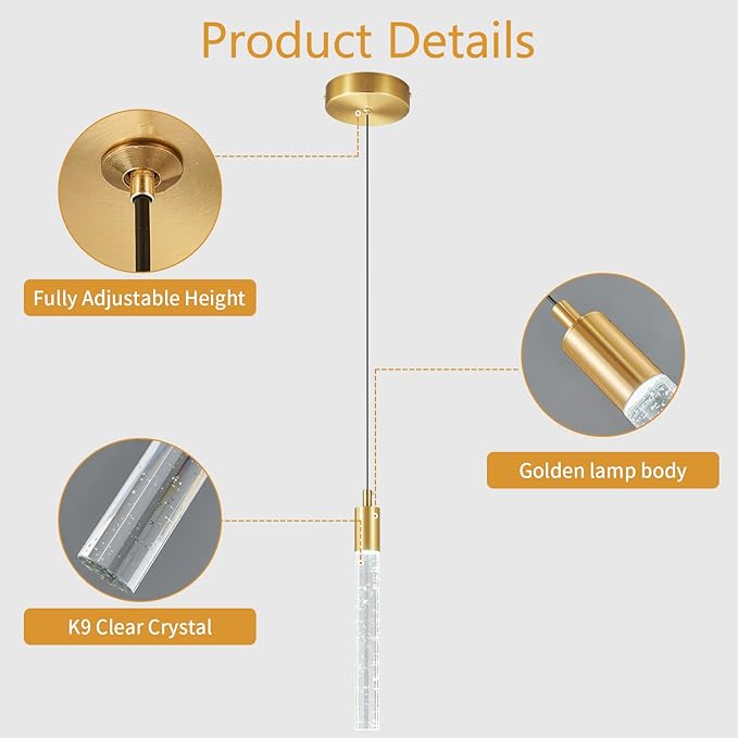 Modern Kitchen Island Pendant Light Dimmable LED Gold Brass Finish Mini Crystal Pendant Lighting Bedroom Bedside Table Small Pendant Lights（3-Pack）
