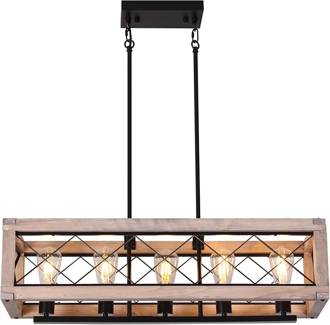Rectangle Wood Chandelier Farmhouse Style Kitchen Pendant Lighting Over Island 5 Light 31 Inch Dining Room Light Fixture Adjustable Height Pendant Light for Dining Room Bar Pool Table.