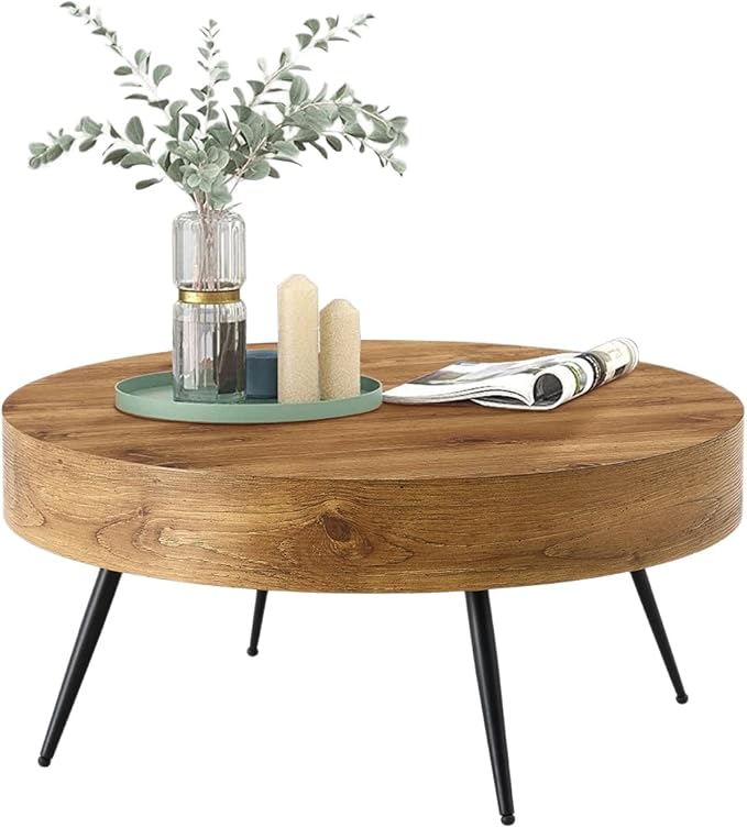 LKTART Coffee Table for Living Room, Round Wood Coffee Tables with Storage, Modern Metal Accent Center Tea Table for Apartment Small Space (31Inch-Brown)