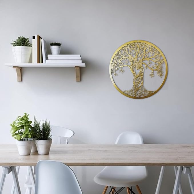 Metal Wall Decor, Tree Art Wall Sculpture, Metal Wall Art Hanging for Living Room Bedroom Indoor Outdoor, Laser Cut Rustic Black Tree of Life, 12 Inches (30 CM) (Gold, Small)