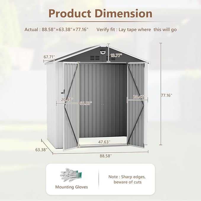 8x6 FT Outdoor Storage Shed, Metal Sheds & Outdoor Storage, Waterproof Sheds with Lockable Doors for Backyard (White, No Window)