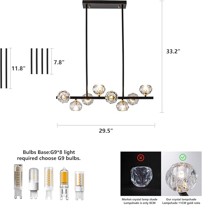 Modern Crystal Chandelier Dining Room Light fixtures Black Chandeliers with Crystal Ball Shade 8-Lights Industrial Globe Hanging Pendant Lighting for Kitchen Island,Living Room,Dining Room