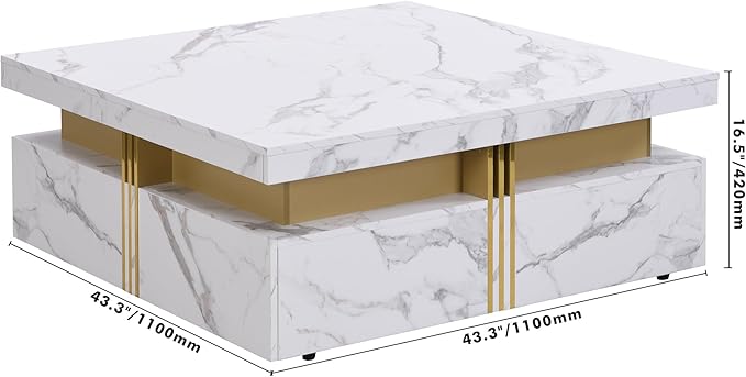 Merax 43.3" Modern Square Storage Coffee Table with 4 Drawers, with Marbling Gold Accents, Functional Center Tables for Living Room Apartment, White