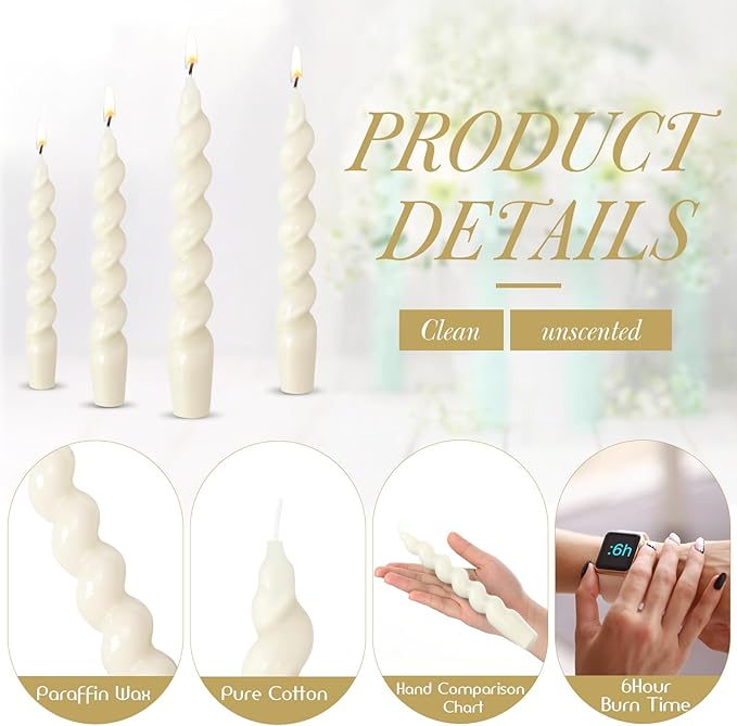 Zhengmy 4 Pcs White Spiral Taper Candle 7 Inch Twisted Long Wax Dinner Candlestick for Fall Halloween Christmas Holiday Valentines Wedding Birthday Baby Shower Table Decor (Solid)