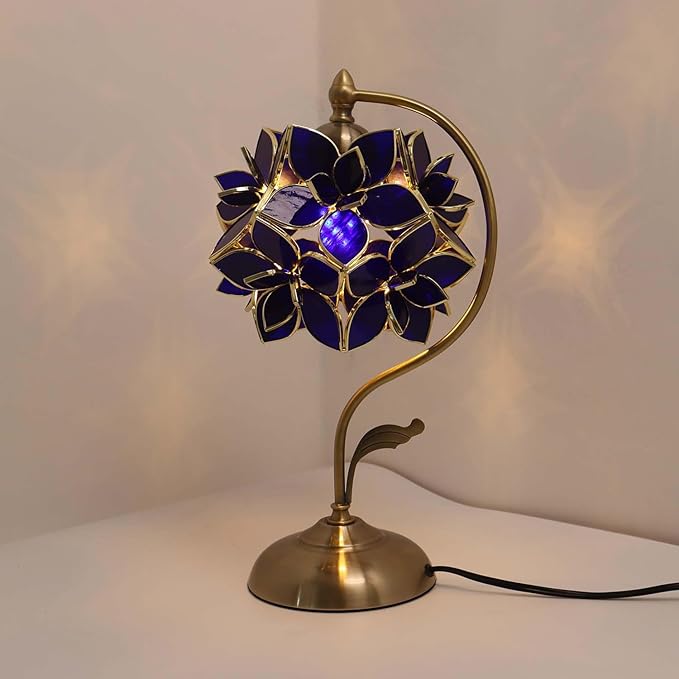 Bieye L11015 Tiffany Style Stained Glass Flower Petal Table Lamp with Brass Base for Home Décor (Blue, 8" Rose Lily)