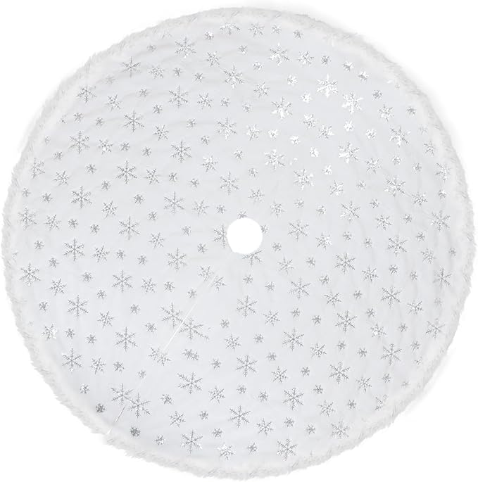 84 Inch Christmas Tree Skirt, Faux Fur Extra Large White Tree Skirt for 7 to 15 ft Xmas Tree, Plush Soft Thickened Mat with Silver Sequin Snowflake for Xmas Tree Decor Reusable Christmas Decorations