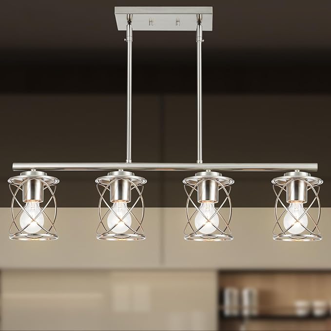 Kitchen Island Light, 4-Light Dining Room Lighting Fixtures Hanging, Farmhouse Linear Pendant Light for Kitchen Island Table Living Room with Adjustable Rods, Brushed Nickel