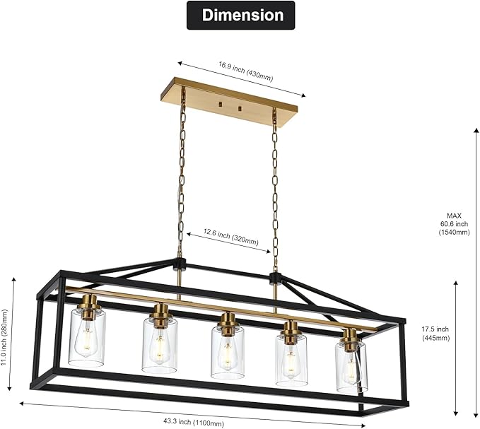 BONLICHT Rectangle 5 Lights Black Modern Dining Room Lighting Fixtures Hanging Over Table, Industrial Brushed Brass Chandeliers Farmhouse Kitchen Island Linear Pendant Light Ceiling with Clear Glass