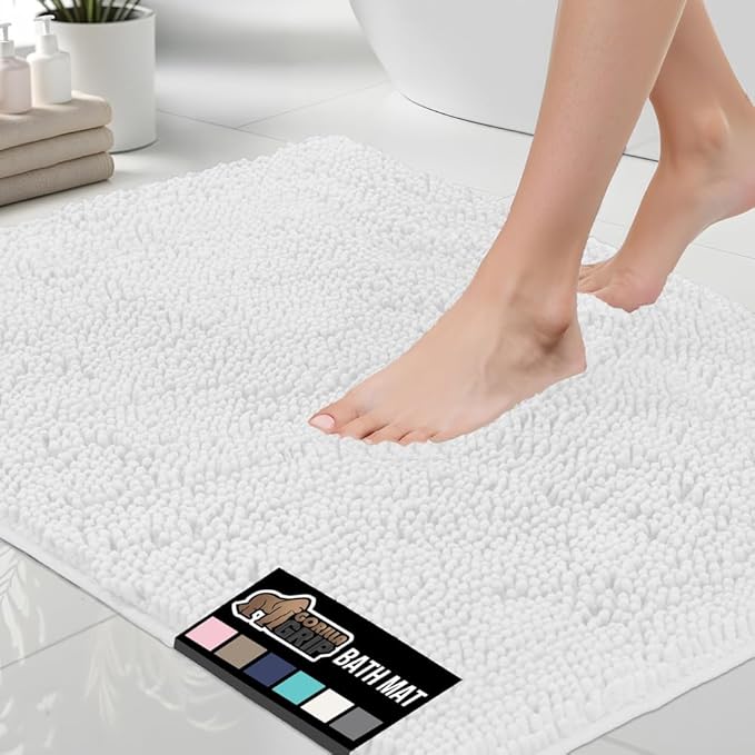 GORILLA GRIP Bath Rug Mat 30x20, Thick Soft Absorbent Chenille, Quick Dry Microfiber Mats, Rubber Backing Washable Shower Floor Rugs, US Designed Bathroom Bathmat Home Decor Accessories, White