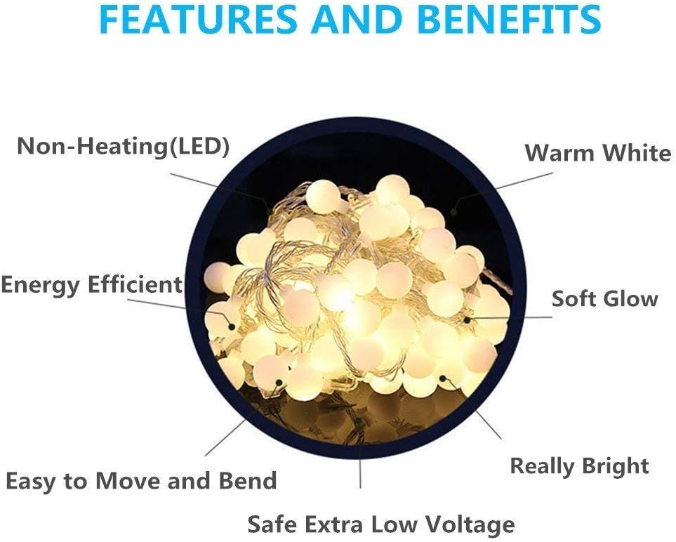 Globe String Lights for Bedroom, 49 Feet 100 LED Fairy Lights Plug in, 8 Modes Warm White Christmas String Lights for Indoor Outdoor Patio Party Garden Wedding Christmas Tree Decor