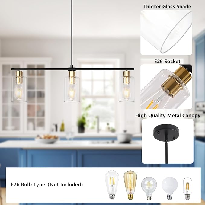 Kitchen Island Lighting, 3 Lights Linear Farmhouse Chandelier, Black and Gold Dining Room Light Fixture with Glass Shades, Modern Industrial Pendant Lights