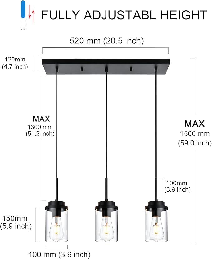 MELUCEE 3 Lights Linear Chandelier Black Finish Kitchen Pendant Lighting Over Island Dining Room Light Fixtures Ceiling Hanging Lamp with Clear Glass Shade, 20.5 Inches Length