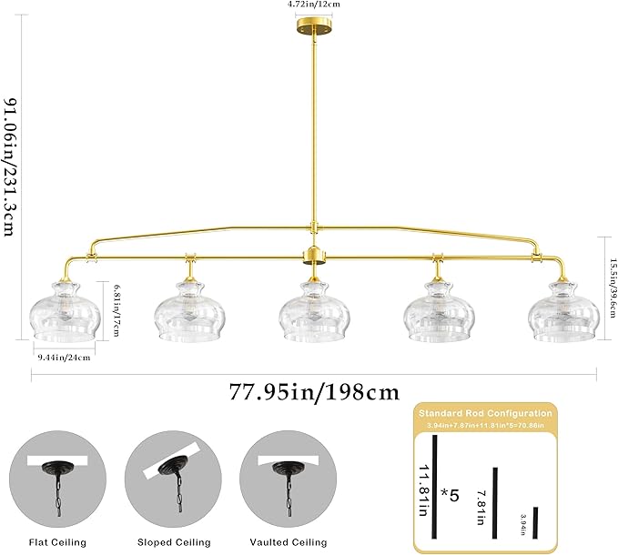 Industrial Modern 5 Light Chandelier Gold Rustic Linear Pendant Light Minimalist Country Luxury Chandeliers Adjustable Height with Glass Lampshade for Dining Room Island Living Room Foyer (5 Light)