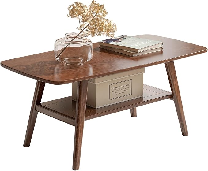 100% Solid Oak Wood Coffee Table for Living Room, 2-Tier Living Room Table with Storage Shelf, Mid Century Modern Coffee Tables (Walnut Colour, 39.37" W x19.68 D x 17.32" H)
