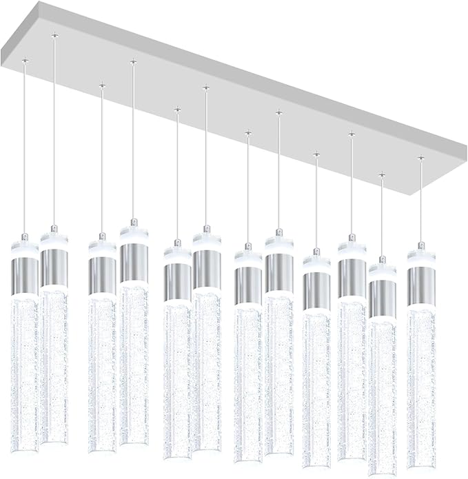Glam Rectangular Crystal Column Chandelier for High Ceiling 12-Lights Silver LED Dimmable Pendant Light for Kitchen Island Dining Room Entrance Foyer Living Room Adjustable Height