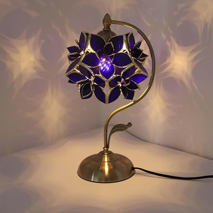 Bieye L11015 Tiffany Style Stained Glass Flower Petal Table Lamp with Brass Base for Home Décor (Blue, 8" Rose Lily)