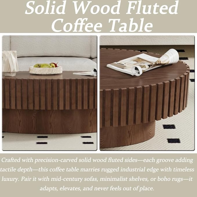 43.3” Oval Coffee Table Modern Fluted Coffee Table Handcrafted Relief Center Table with Sturdy Pedestal Mid Century Modern Center Table Tea Table for Living Room Apartment (Dark Brown)