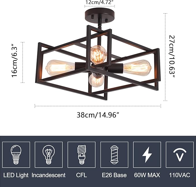 Metal Semi Flush Mount Ceiling Light Fixture, 4-Light Black Industrial Ceiling Lamp Rustic Vintage Farmhouse Lighting Chandelier Light for Kitchen Island Hallway Dining Room