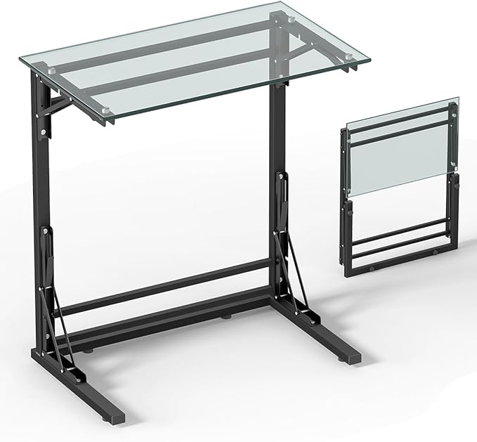 Tatub 24" Folding TV Tray Table, Glass C Shaped End Table for Couch, Small Sofa-Side Laptop Desk with Black Metal Frame for Living Room, Bedroom, Bedside