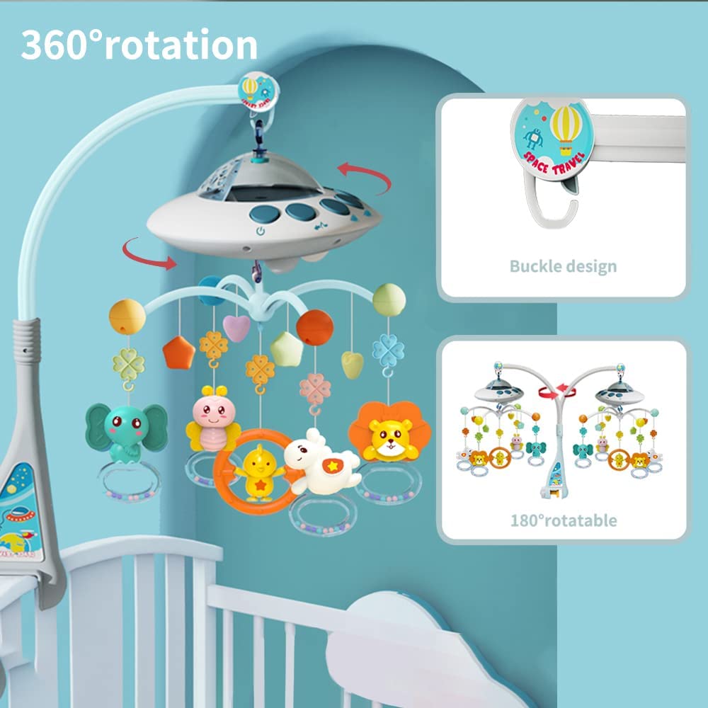 Eners Baby Crib Mobile with Music and Lights, Mobile for Crib with Remote Control, Rotation, Moon and Star Projection, Baby Crib Toys for Boys Girls (Blue)