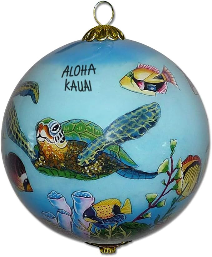 Collectible Hand-Painted Kauai Sea Turtles and Tropical Fish Christmas Ornament HF/K
