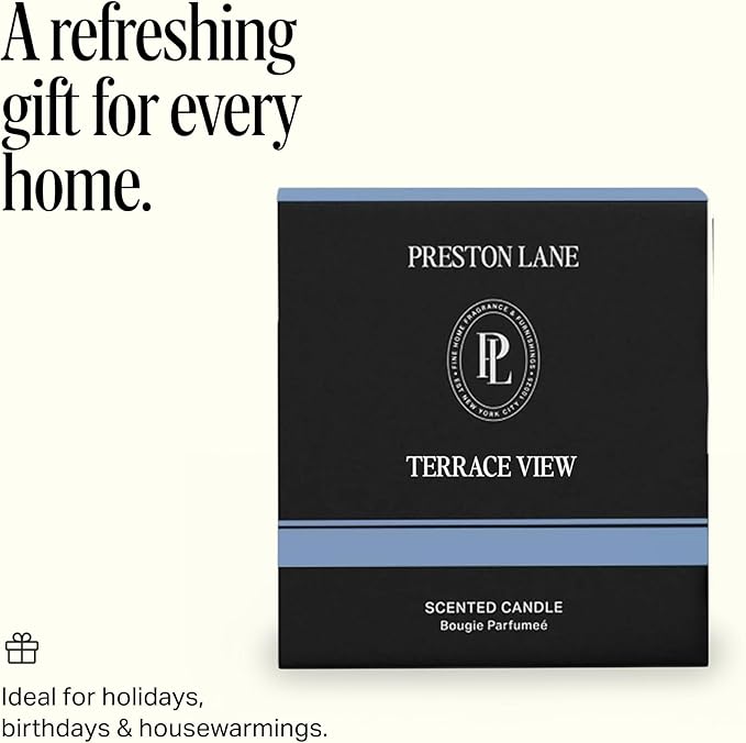 Preston Lane Luxury 2-Wick Scented Candle, Terrace View, 7.5 oz Hand-Poured in USA | Long Burn Time (20–30 Hrs), Vegan Soy Wax Blend, Decorative Glass Vessel, Fine Italian Fragrance