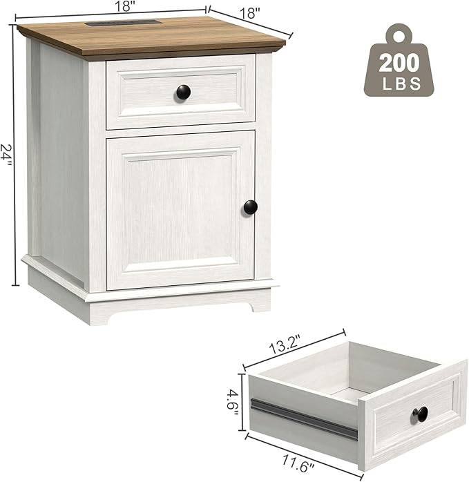 End Table with Fast-Charge Set of 2, Side Table with Drawer Storage and Adjustable Shelf, Charging Nightstand Set of 2, Wooden Side Table for Living Room/Bedroom/Office, White