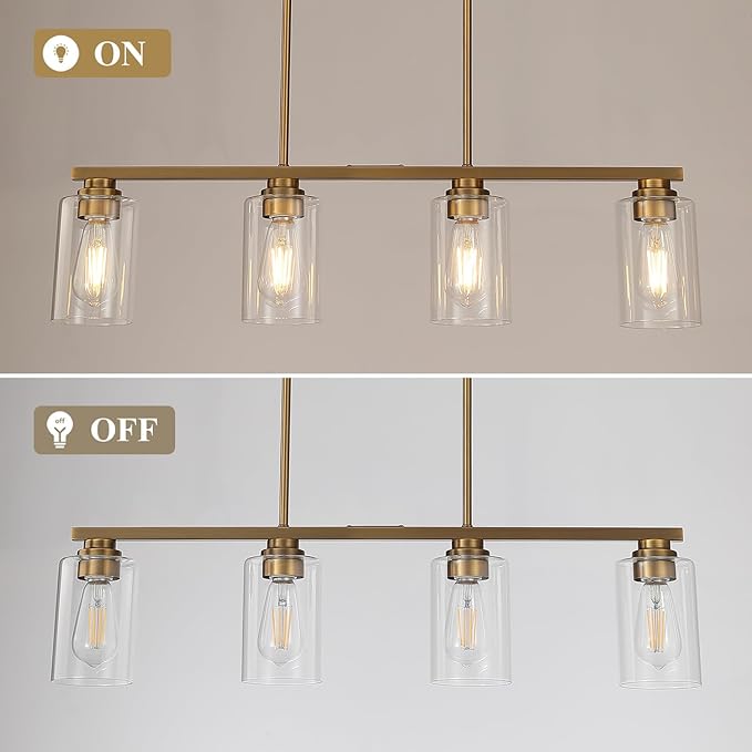 Island Light for Kitchen, Brushed Brass Dining Room Light Fixture Over Table, 4-Light Linear Chandelier Pendant Lighting for Dining Table Kitchen Island Living Room