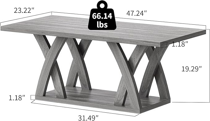 47” Farmhouse Coffee Tables for Living Room Rustic Stands with Storage Shelf Grey Coffee Tables for Living Room Farmhouse Center Stands with Shelf Wood Rectangle Center Table