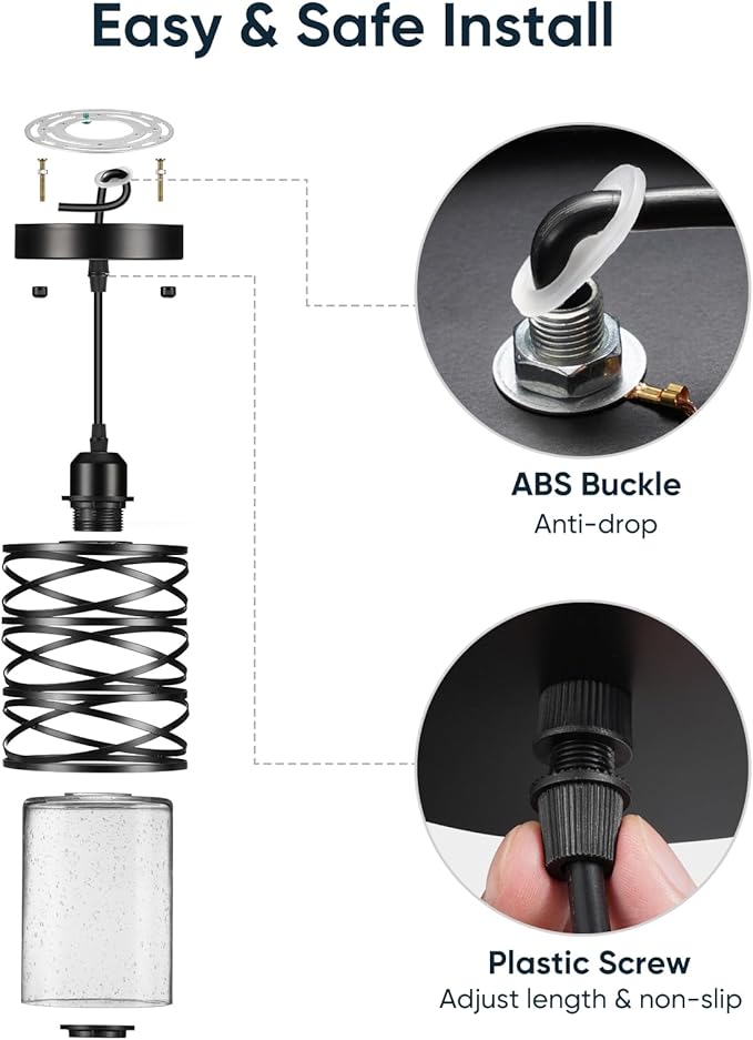 Pendant Lights Kitchen Island, Modern Black Farmhouse Hanging Light with Bubble Seeded Glass, 2 Pack Pendant Lighting with Adjustable Height for Dining Room, Bedroom, Living Room, Hallway