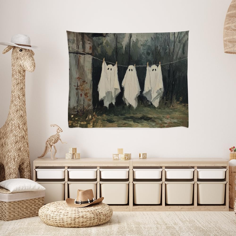 Vintage Halloween Tapestry Funny Ghosts on Clothesline Tapestry Wall Hanging Farmhouse Gothic Room Decor Spooky Ghost Prints for Dark Academia Halloween Party House Decoration Tapestries 30x40inch