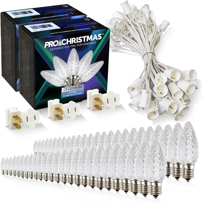 Pro Christmas C9 LED Christmas Light Kit for Rooflines & Pathways – DIY Cut to Length, Outdoor Commercial Grade (White Wire w/Vampire Plugs, 50 Bulbs, 50 ft) Pure White