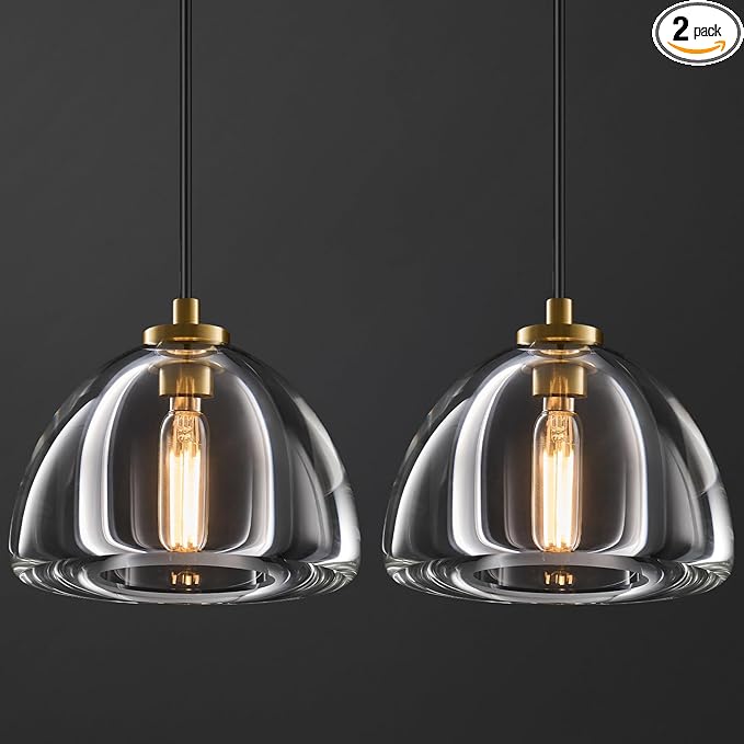 Crystal Pendant Light Kitchen Island: 2 Pack Luxury Brass Hanging Lights - 7" Modern Crystals Hemispher Lighting Fixture over Dining Table - Adjustable Gold Pendants Light for Bathroom Bulbs Included