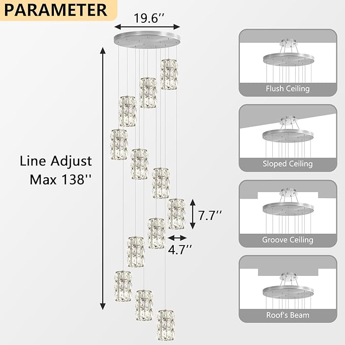 12-Lights Modern Crystal LED Dimmable for Staircase Foyer High Ceiling Chandeliers Hallway Nickel