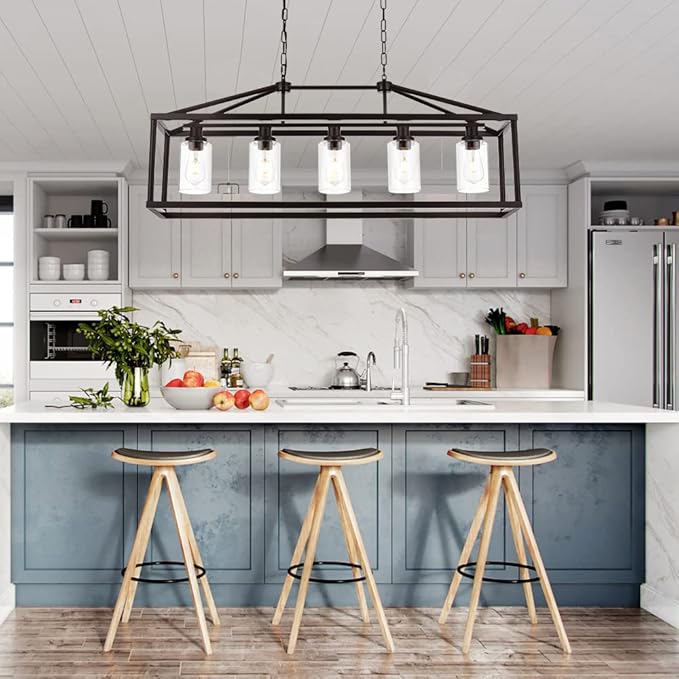 BONLICHT Industrial Rustic Farmhouse Chandelier 5 Light Modern Rectangle Dining Room Light Fixture Hanging Oil Rubbed Bronze Kitchen Island Cage Pendant Lighting with Clear Glass Shade for Hallway Bar