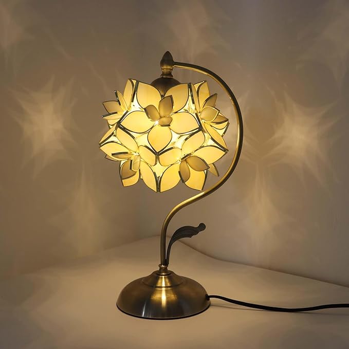 Bieye L11029 Tiffany Style Stained Glass Flower Petal Table Lamp with Brass Base for Home Décor (Cream, 8" Rose Lily)