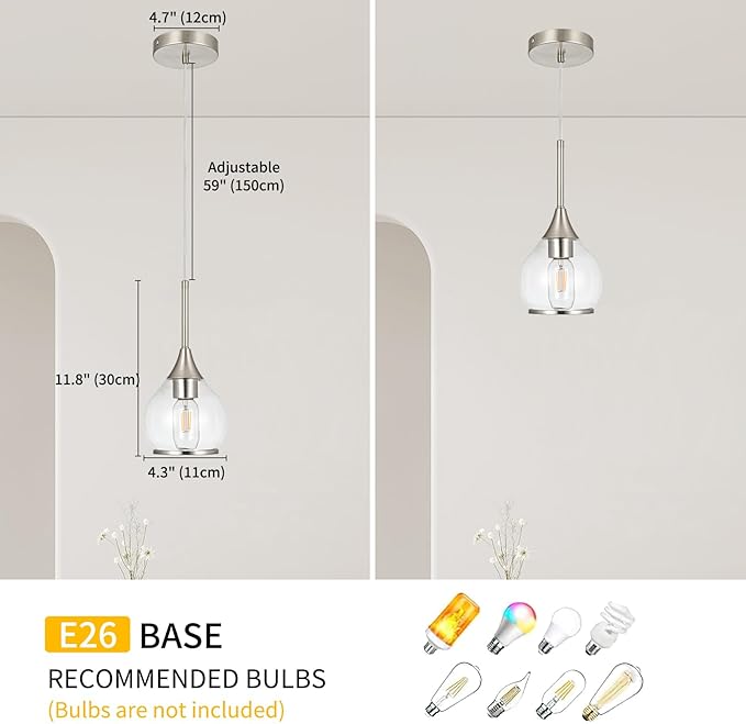 1-Piece Island Light for Kitchen, 1-Light Brushed Nickel Kitchen Island Hanging Pendant Light, Brushed Nickel Dining Room Light Fixture Over Table with Clear Round Glass Shade