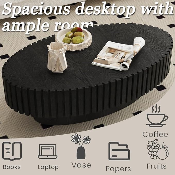 43.3” Oval Coffee Table Modern Fluted Coffee Table Handcrafted Relief Center Table with Sturdy Pedestal Mid Century Modern Center Table Tea Table for Living Room Apartment (Black)