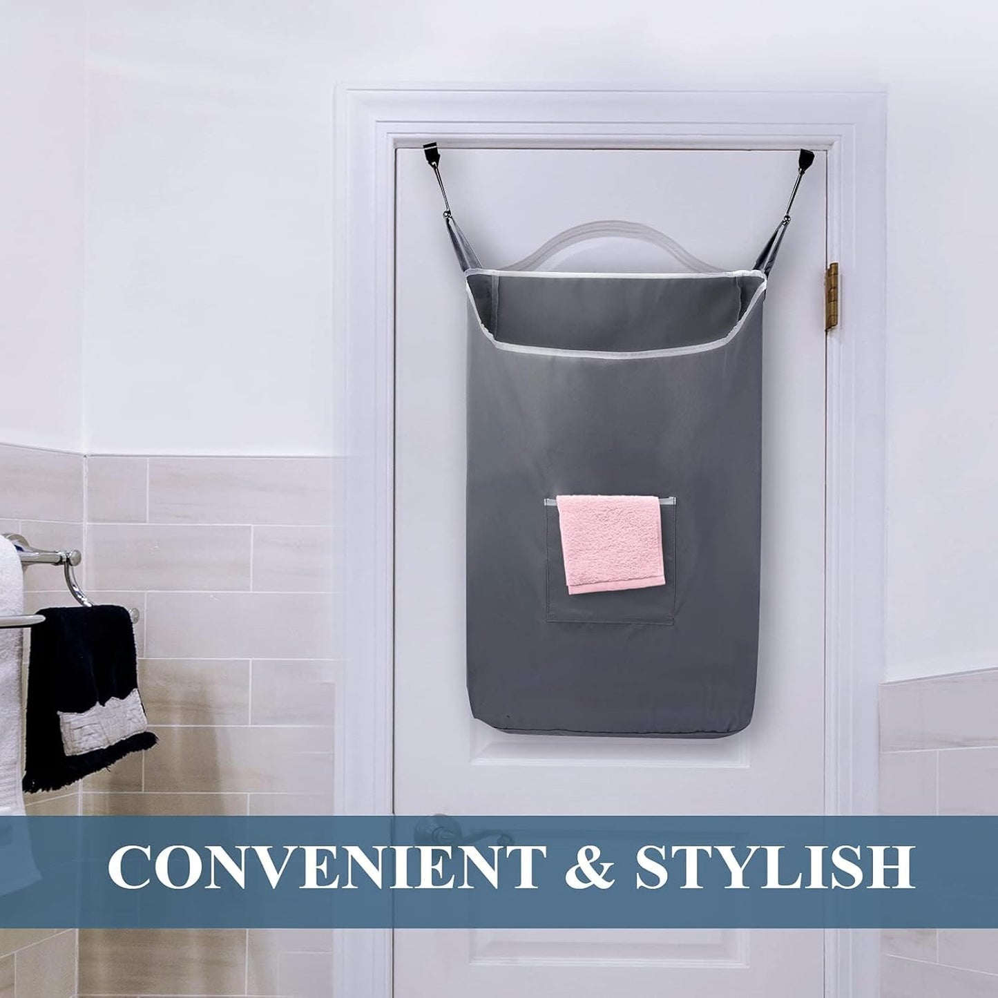 The Fine Living Co. X-Large Hanging Laundry Hamper with Over Door Hooks & Adhesive, Durable Space Saving Laundry Bag with Zipper and Wide Open Top,Hanging Dorm Laundry Hamper 20"x3.75"x31" (Gray-XL)