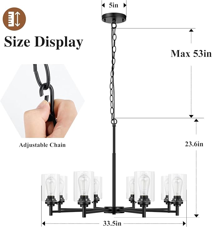 Sucolite 33.5'' 8-Light Chandelier for Dining Room Kitchen Island, Modern Farmhouse Pendant Lighting with Glass Shades Industrial Black Hanging Ceiling Light Fixture for Living Room, Height Adjustable