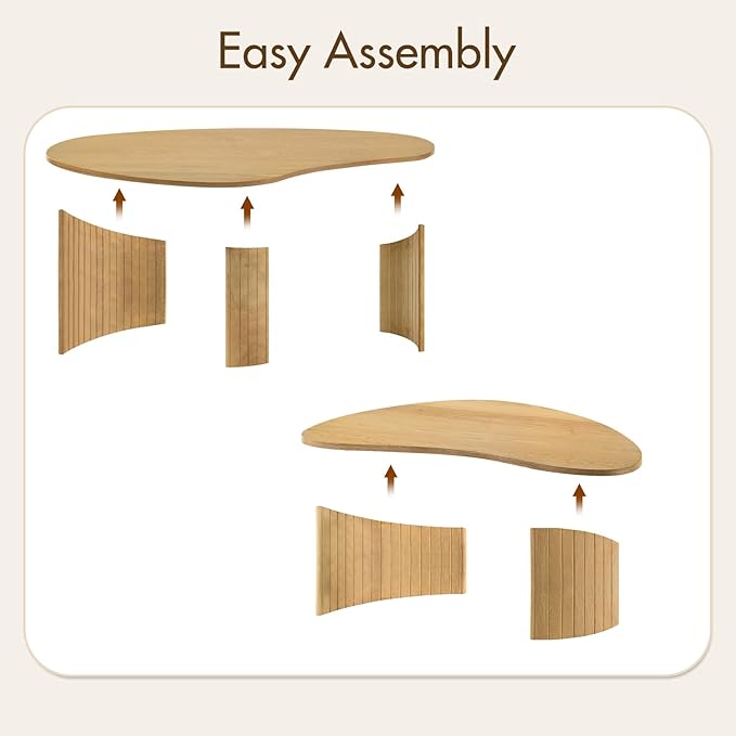 Set of 2 Boho Nesting Coffee Tables with Solid Fluted Wood Legs for Apartment, Oval Irregular Mango Shape Modular Center Tables for Living Room