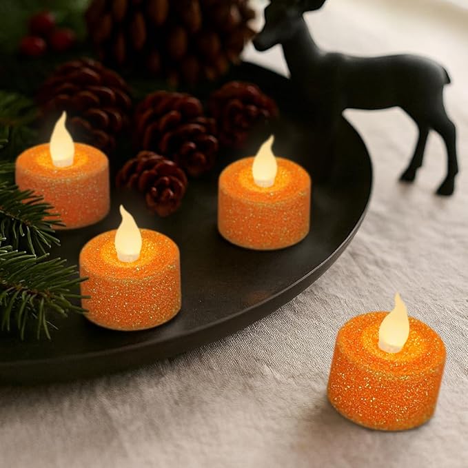 FURORA LIGHTING Orange Glitter LED Tealight Candles Pack of 12, Flameless Flickering Tealight Candles for Home Décor, 1.5’’(W) x 1.65’’(H), Battery Operated