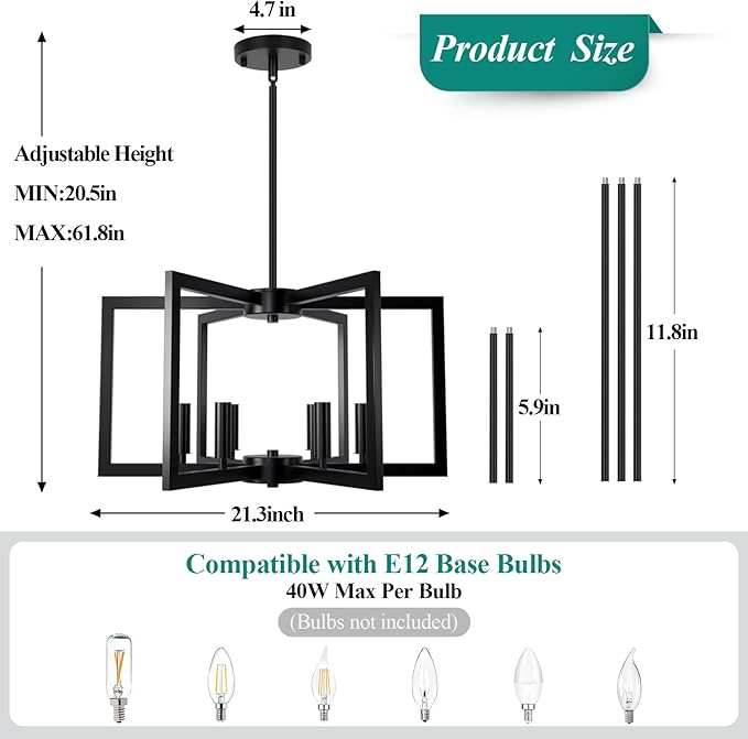 6-Light Black Chandelier, Farmhouse Dining Room Light Fixture, Large Modern Chandelier, Geometric Industrial Metal Hang Lighting Fixture for Foyer Entryway Kitchen Over Table Hallway Living Room