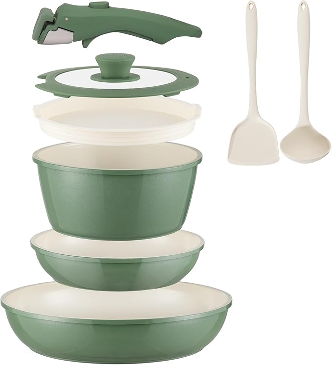 Ceramic Cookware Set Non Stick 8Pcs Pots and Pans Set Detachable Handle Induction Kitchen Cooking Set with Frying Pans Oven Dishwasher Safe, PFAS/PFOA Free, Forest Green