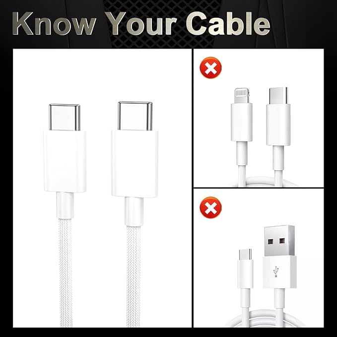 Quntis USB C Cable, USBC to USBC Fast Charging Cable Nylon Braided (6ft 60W, 1-Pack) for iPhone 16/15 Pro/Plus/Pro Max, iPad mini 6/7/Pro/Air, MacBook Air/Pro, Samsung Galaxy S24 and More (White)