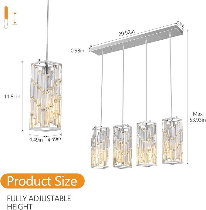 Chrome Pendant Lighting Modern Pendant Light, Mini Crystal Chandeliers,Adjustable Pendant Light Fixture for Kitchen Island Dinning Room Bedroom (4 Light)