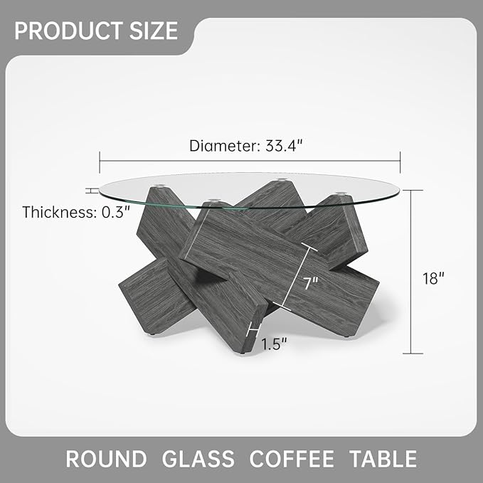 Gray Round Glass Coffee Table,33-Inch Coffee Tables for Living Room Clear Circle Accent Table Adapts to Farmhouse and Contemporary Decor