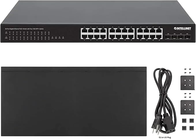 Intellinet 24-Port Unmanaged PoE+ Gigabit Ethernet Switch - 370W Power Budget, 4 x 10 Gbps SFP+ Ports, Rackmount / Desktop, Autosensing Ports, Sturdy Metal - 3 Yr Mf Warranty - 561761